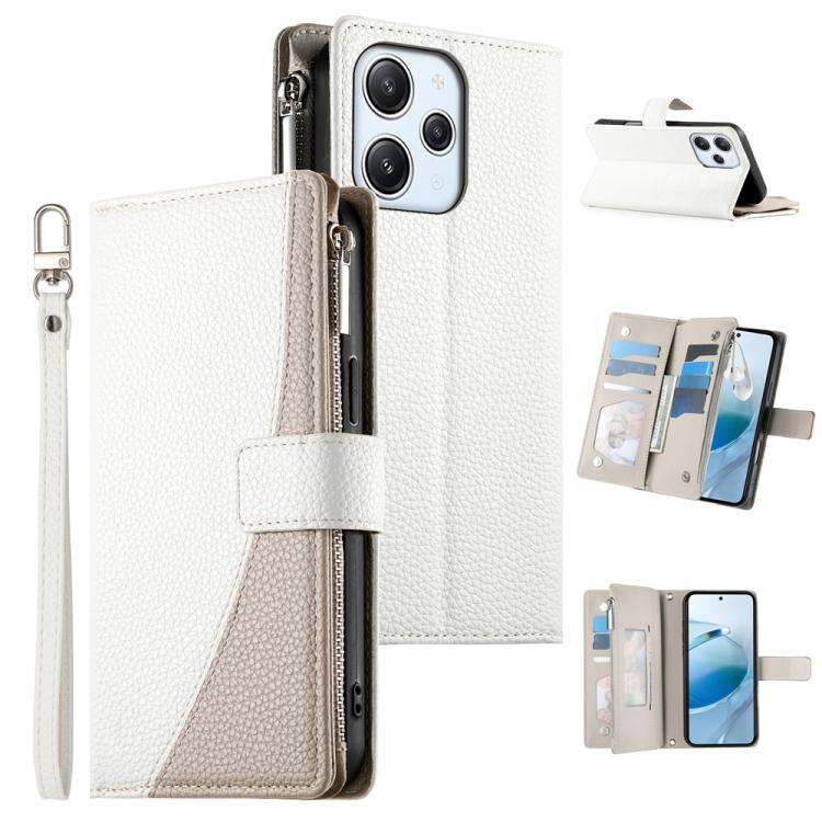 Funda de cuero con cremallera para Redmi 12 4G / 5G / Note 12R, con costuras, para múltiples tarjetas y correa corta (blanca)