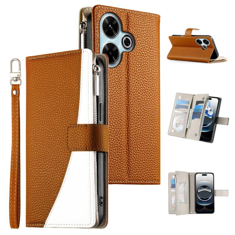 Funda de cuero con cremallera y múltiples tarjetas para Redmi 13 4G / 5G / Xiaomi Poco M6 4G, con costuras y correa corta (marrón)