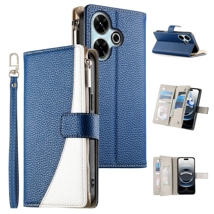 Funda de cuero con cremallera y múltiples tarjetas para Redmi 13 4G / 5G / Xiaomi Poco M6 4G, con costuras y correa corta (azul oscuro)