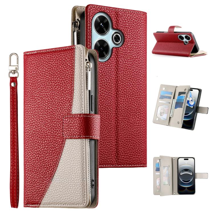 Funda de cuero con cremallera para Redmi 13 4G / 5G / Xiaomi Poco M6 4G, con costuras, múltiples tarjetas y correa corta (roja)
