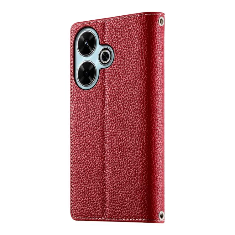 Funda de cuero con cremallera para Redmi 13 4G / 5G / Xiaomi Poco M6 4G, con costuras, múltiples tarjetas y correa corta (roja)