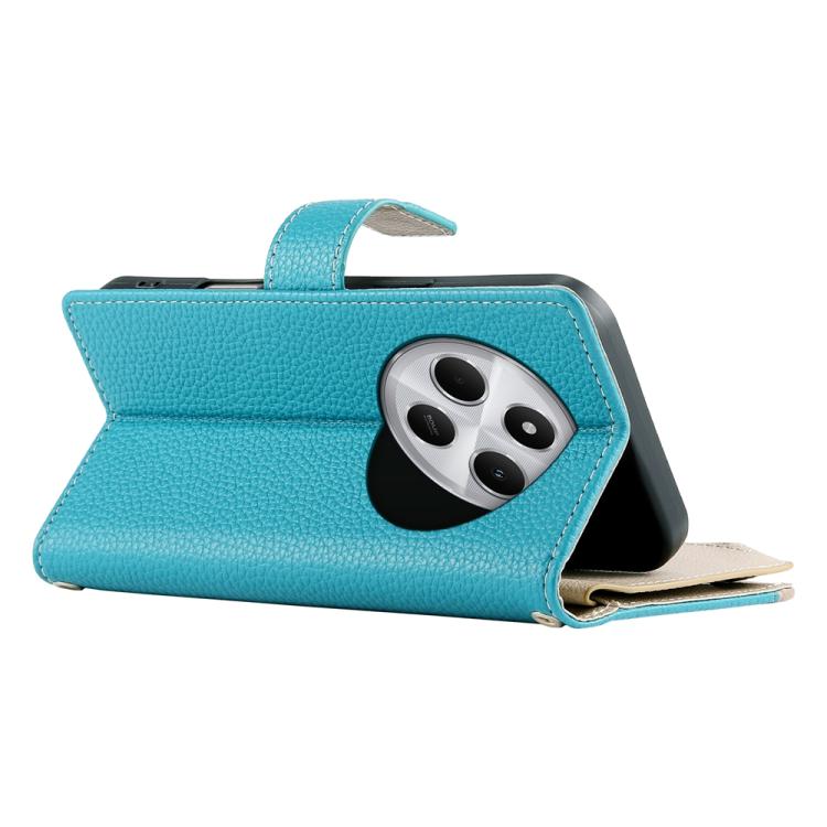 Funda de cuero con cremallera y múltiples tarjetas para Redmi 14C 4G / 14R / A4 5G / A3 Pro, con costuras y correa corta (azul)