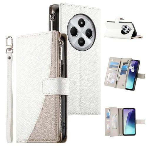 Funda de cuero con cremallera y múltiples tarjetas para Redmi 14C 4G / 14R / A4 5G / A3 Pro, con costuras y correa corta (blanca)
