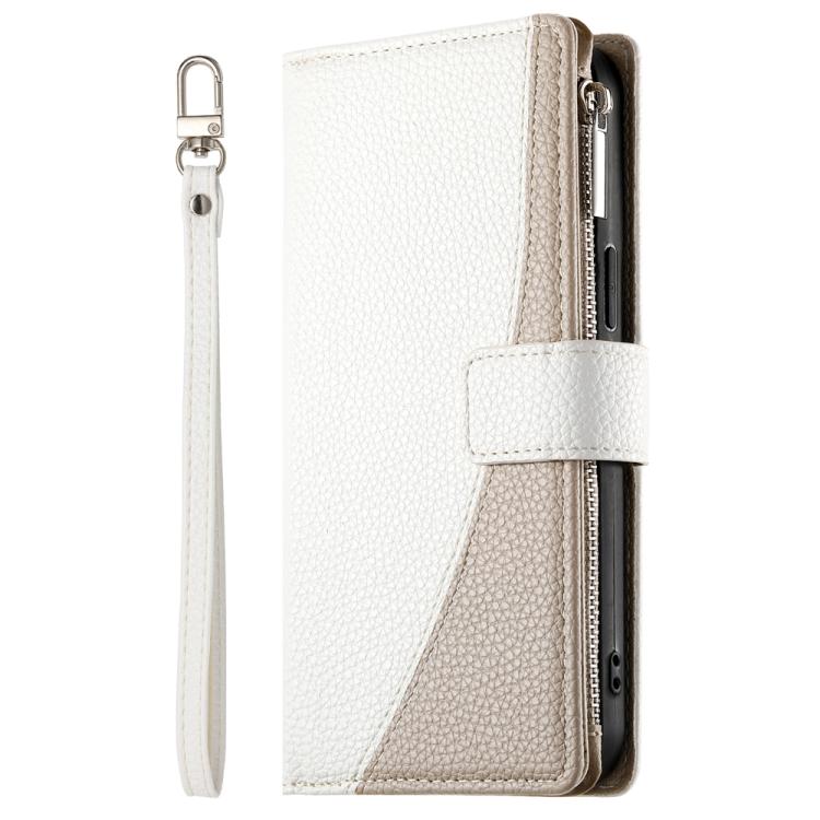 Funda de cuero con cremallera y múltiples tarjetas para Redmi 14C 4G / 14R / A4 5G / A3 Pro, con costuras y correa corta (blanca)