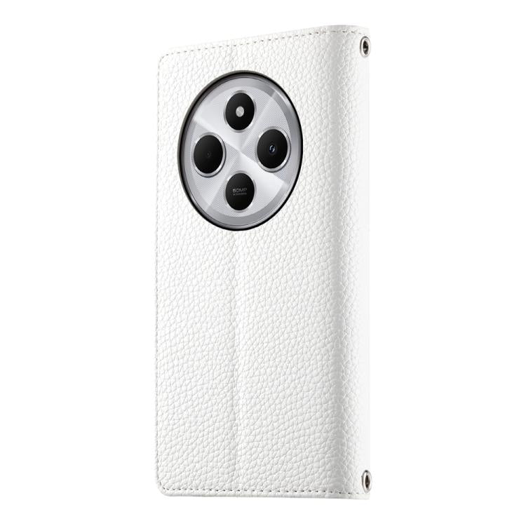 Funda de cuero con cremallera y múltiples tarjetas para Redmi 14C 4G / 14R / A4 5G / A3 Pro, con costuras y correa corta (blanca)