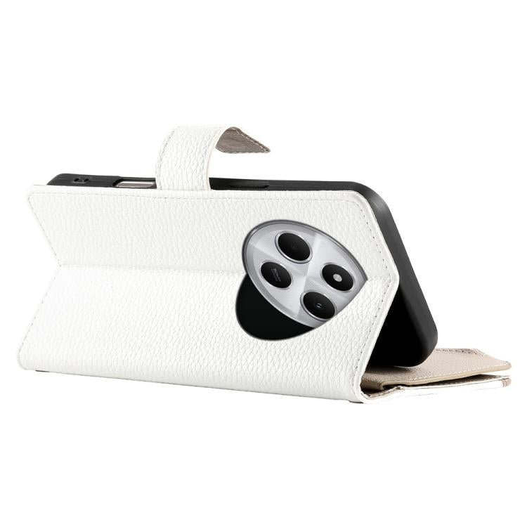 Funda de cuero con cremallera y múltiples tarjetas para Redmi 14C 4G / 14R / A4 5G / A3 Pro, con costuras y correa corta (blanca)