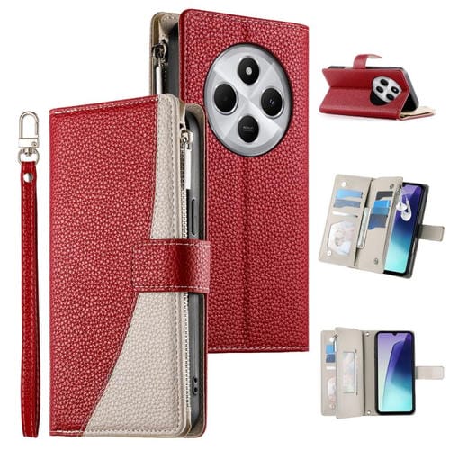 Funda de cuero con cremallera y múltiples tarjetas para Redmi 14C 4G / 14R / A4 5G / A3 Pro, con costuras y correa corta (roja)