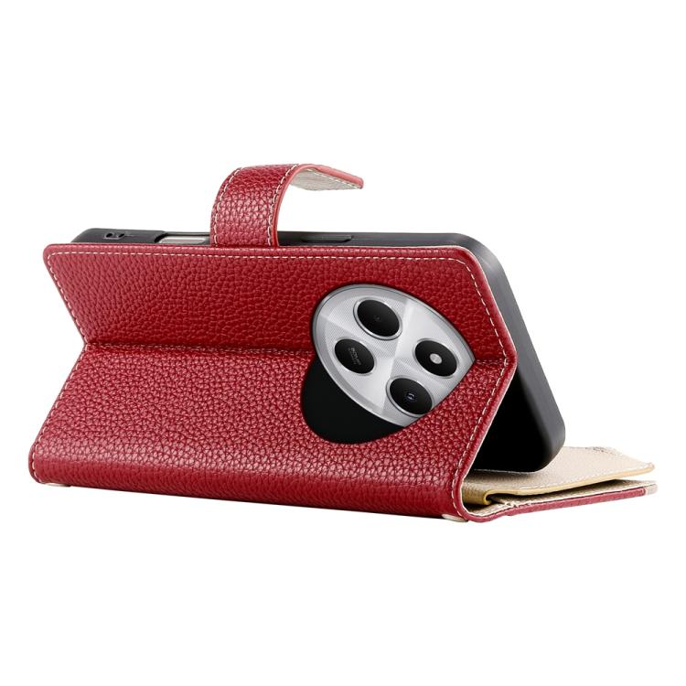 Funda de cuero con cremallera y múltiples tarjetas para Redmi 14C 4G / 14R / A4 5G / A3 Pro, con costuras y correa corta (roja)