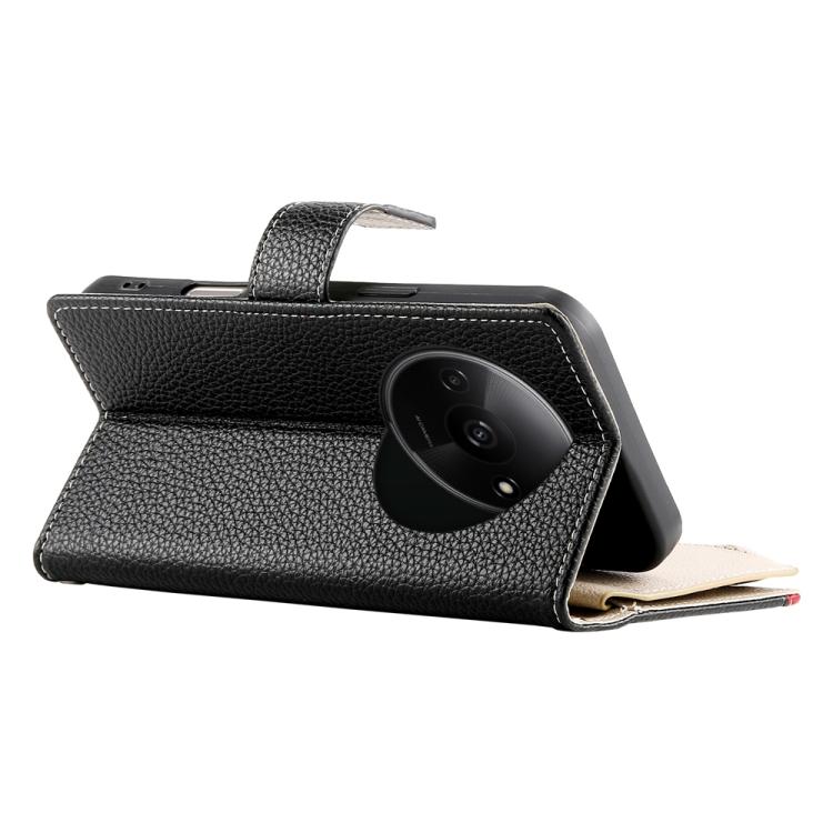 Funda de cuero con cremallera para Redmi A3 y Xiaomi Poco C61, con costuras, para múltiples tarjetas y correa corta (negra)