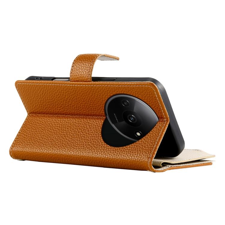 Funda de cuero con cremallera para Redmi A3 / Xiaomi Poco C61, con costuras, para múltiples tarjetas y correa corta (marrón)