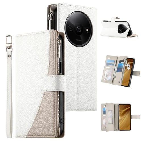 Funda de cuero con cremallera para Redmi A3 / Xiaomi Poco C61, con costuras, para múltiples tarjetas y correa corta (blanca)