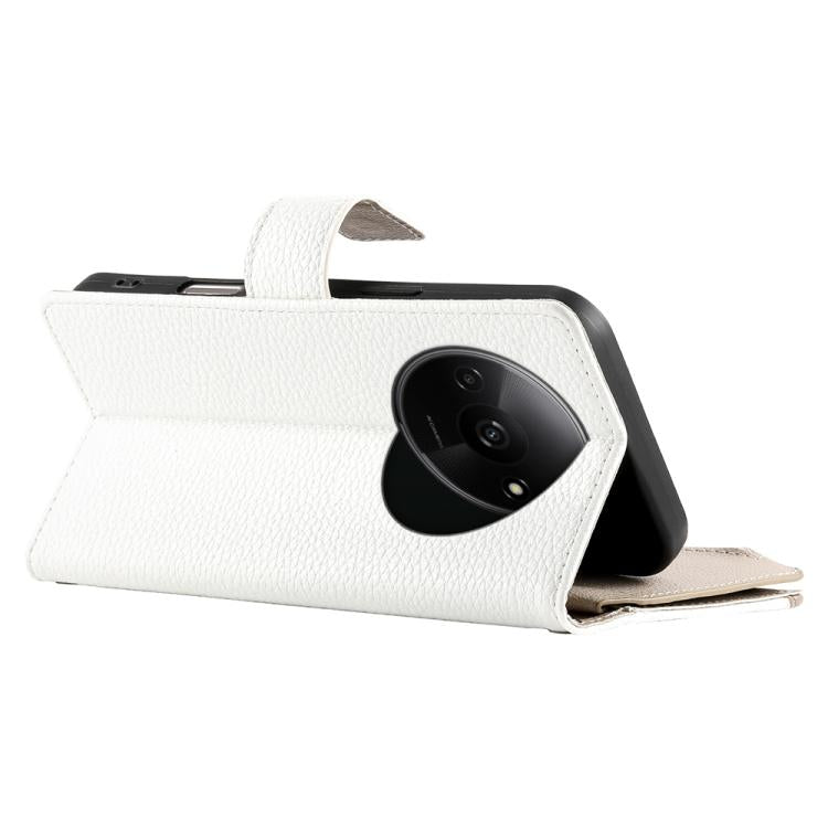 Funda de cuero con cremallera para Redmi A3 / Xiaomi Poco C61, con costuras, para múltiples tarjetas y correa corta (blanca)