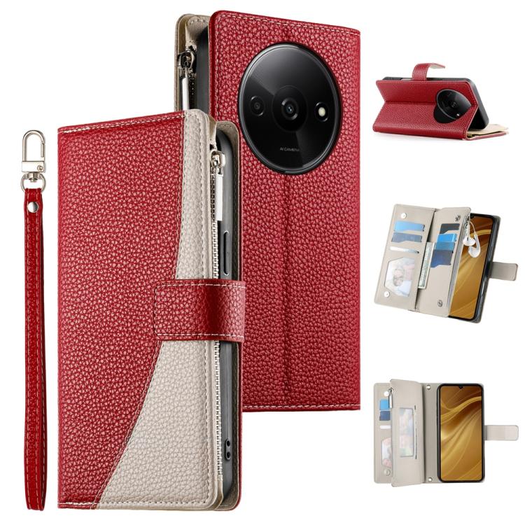 Funda de cuero con cremallera para Redmi A3 y Xiaomi Poco C61, con costuras, para múltiples tarjetas y correa corta (roja)