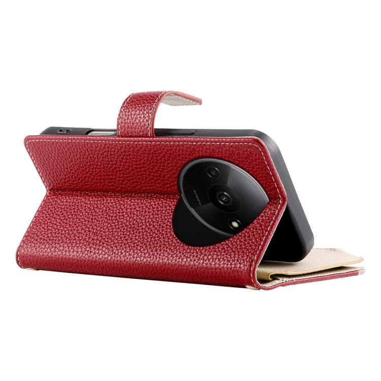 Funda de cuero con cremallera para Redmi A3 y Xiaomi Poco C61, con costuras, para múltiples tarjetas y correa corta (roja)