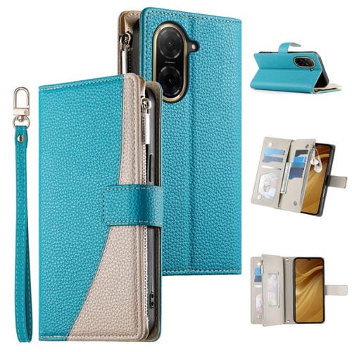 Funda de cuero con cremallera para Redmi A5 4G (171,7 mm) y Xiaomi Poco C71, con costuras, múltiples tarjetas y correa corta (azul)