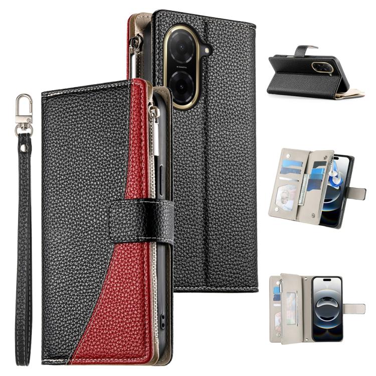 Funda de cuero con cremallera para Redmi A5 4G (171,7 mm) y Xiaomi Poco C71, con costuras, múltiples tarjetas y correa corta (negra)