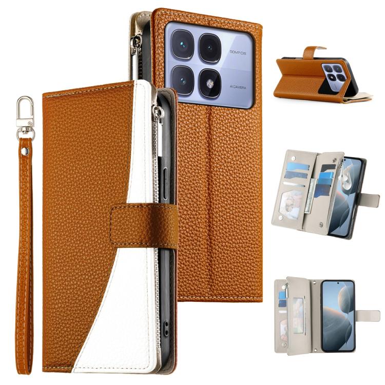Funda de cuero con cremallera para Redmi K70 Ultra, con costuras, múltiples tarjetas y correa corta (marrón)
