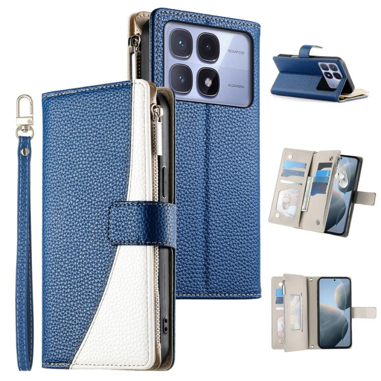 Funda de cuero con cremallera para Redmi K70 Ultra, con costuras, múltiples tarjetas y correa corta (azul oscuro)