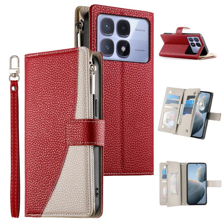 Funda de cuero con cremallera para Redmi K70 Ultra, con múltiples tarjetas y costuras, con correa corta (roja)
