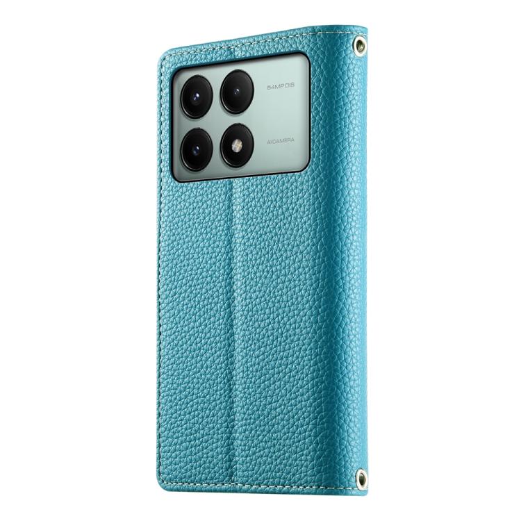 Funda de cuero con cremallera para Redmi K70E y Xiaomi Poco X6 Pro, con costuras, múltiples tarjetas y correa corta (azul)