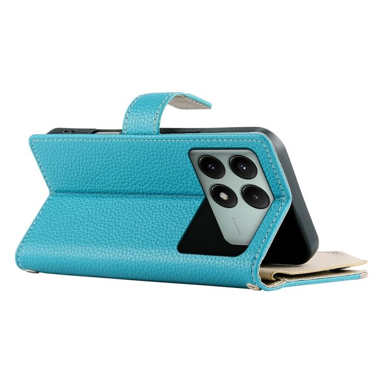 Funda de cuero con cremallera para Redmi K70E y Xiaomi Poco X6 Pro, con costuras, múltiples tarjetas y correa corta (azul)