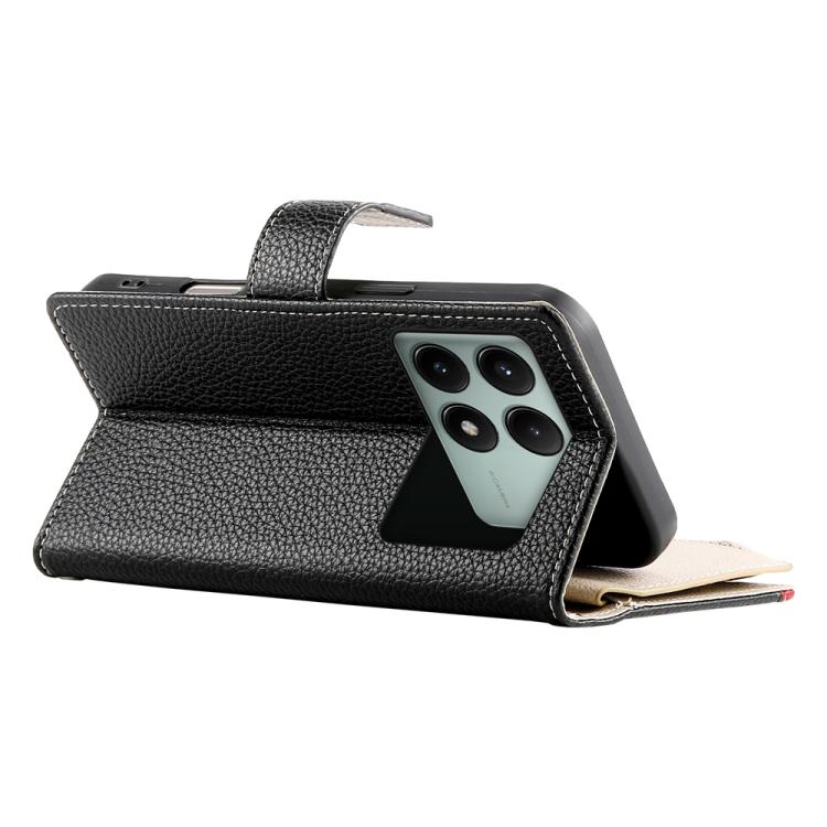 Funda de cuero con cremallera y múltiples tarjetas para Redmi K70E/Xiaomi Poco X6 Pro, con costuras y correa corta (negra)