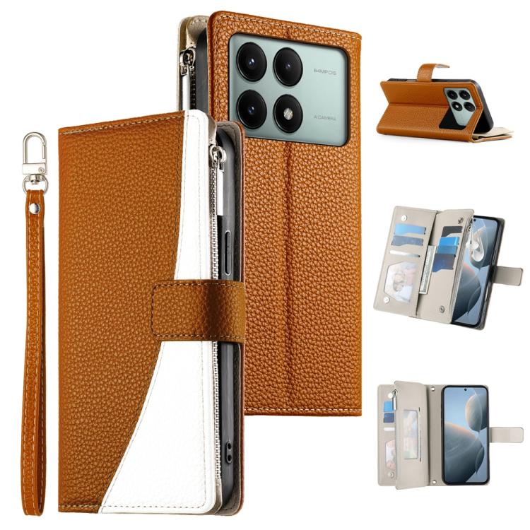Funda de cuero con cremallera para Redmi K70E y Xiaomi Poco X6 Pro, con costuras, para múltiples tarjetas y correa corta (marrón)