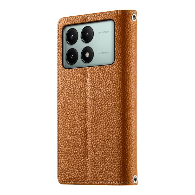 Funda de cuero con cremallera para Redmi K70E y Xiaomi Poco X6 Pro, con costuras, para múltiples tarjetas y correa corta (marrón)