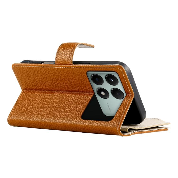 Funda de cuero con cremallera para Redmi K70E y Xiaomi Poco X6 Pro, con costuras, para múltiples tarjetas y correa corta (marrón)