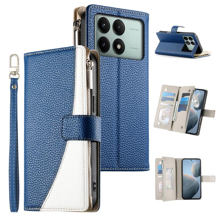 Funda de cuero con cremallera para Redmi K70E y Xiaomi Poco X6 Pro, con costuras, para múltiples tarjetas y correa corta (azul oscuro)