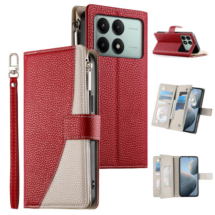 Funda de cuero con cremallera para Redmi K70E y Xiaomi Poco X6 Pro, con costuras, múltiples tarjetas y correa corta (roja)