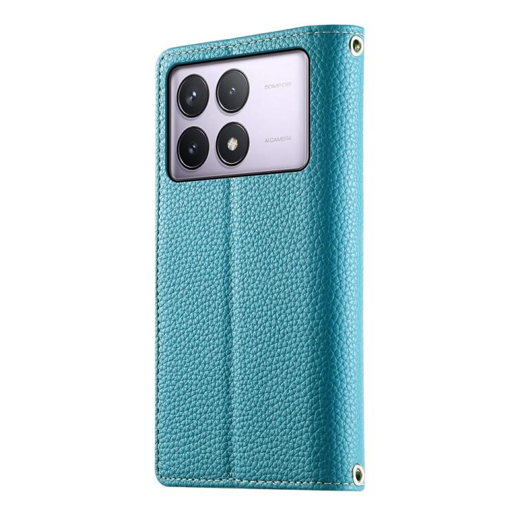 Funda de cuero con cremallera y múltiples tarjetas para Redmi K70 / K70 Pro / Poco F6 Pro, con costuras y correa corta (azul)