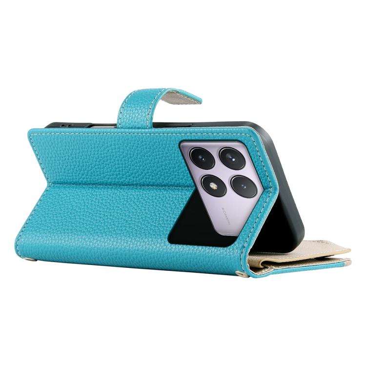 Funda de cuero con cremallera y múltiples tarjetas para Redmi K70 / K70 Pro / Poco F6 Pro, con costuras y correa corta (azul)