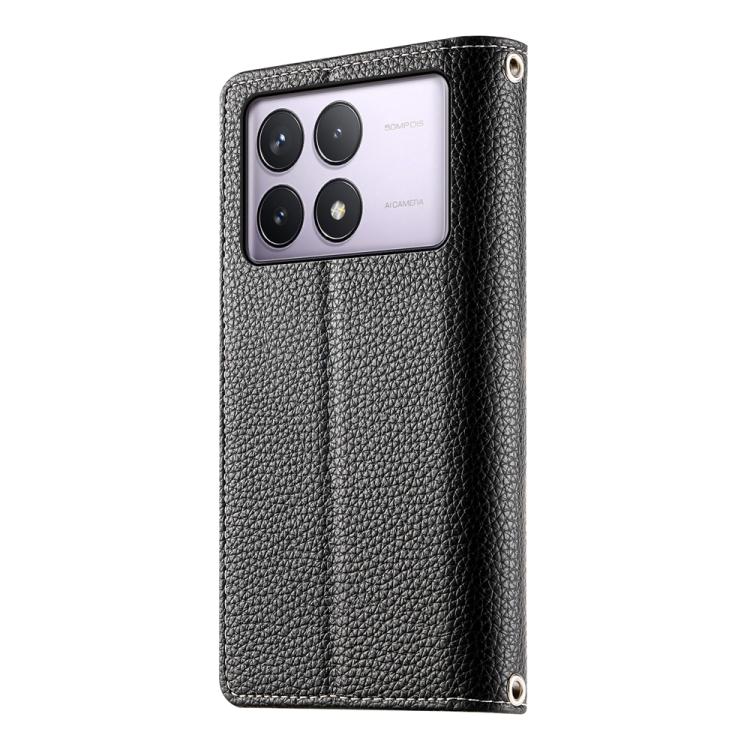 Funda de cuero con cremallera y múltiples tarjetas para Redmi K70 / K70 Pro / Poco F6 Pro, con costuras y correa corta (negra)
