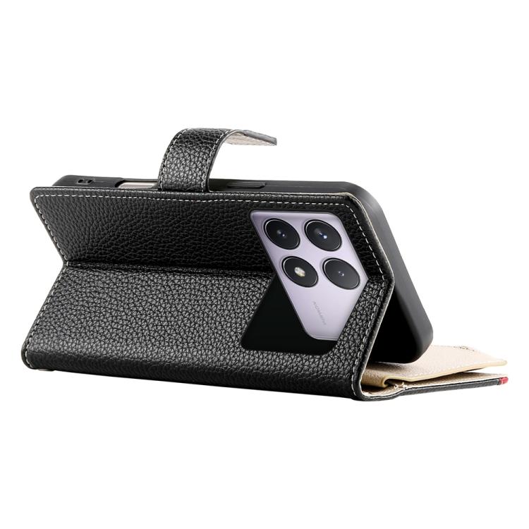 Funda de cuero con cremallera y múltiples tarjetas para Redmi K70 / K70 Pro / Poco F6 Pro, con costuras y correa corta (negra)