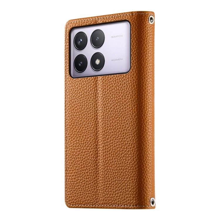 Funda de cuero con cremallera y múltiples tarjetas para Redmi K70 / K70 Pro / Poco F6 Pro, con costuras y correa corta (marrón)
