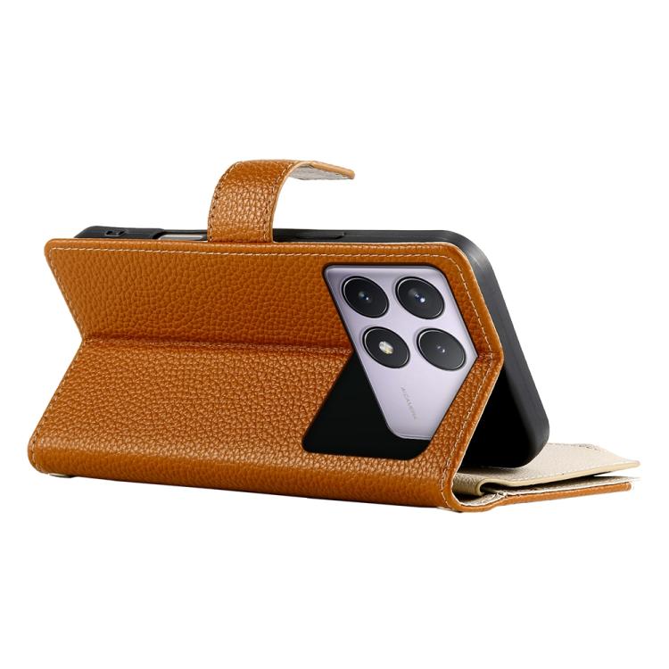 Funda de cuero con cremallera y múltiples tarjetas para Redmi K70 / K70 Pro / Poco F6 Pro, con costuras y correa corta (marrón)
