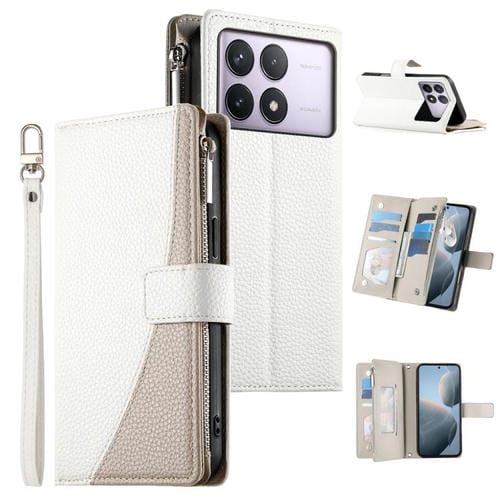 Funda de cuero con cremallera y múltiples tarjetas para Redmi K70 / K70 Pro / Poco F6 Pro, con costuras y correa corta (blanca)