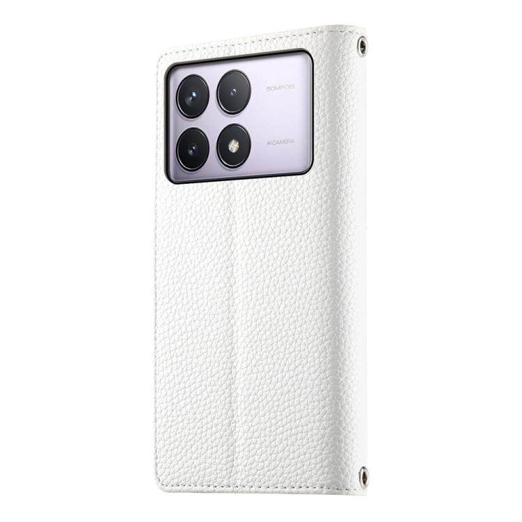 Funda de cuero con cremallera y múltiples tarjetas para Redmi K70 / K70 Pro / Poco F6 Pro, con costuras y correa corta (blanca)