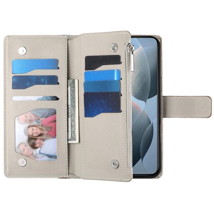 Funda de cuero con cremallera y múltiples tarjetas para Redmi K70 / K70 Pro / Poco F6 Pro, con costuras y correa corta (blanca)