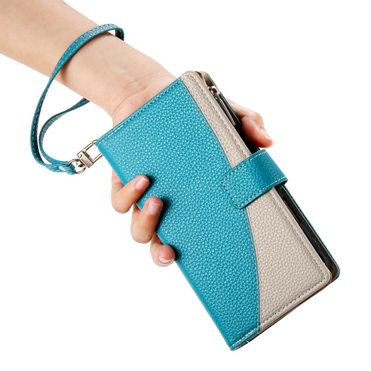 Funda de cuero con cremallera y múltiples tarjetas para Redmi K80 / K80 Pro / Poco F7 Pro, con costuras y correa corta (azul)