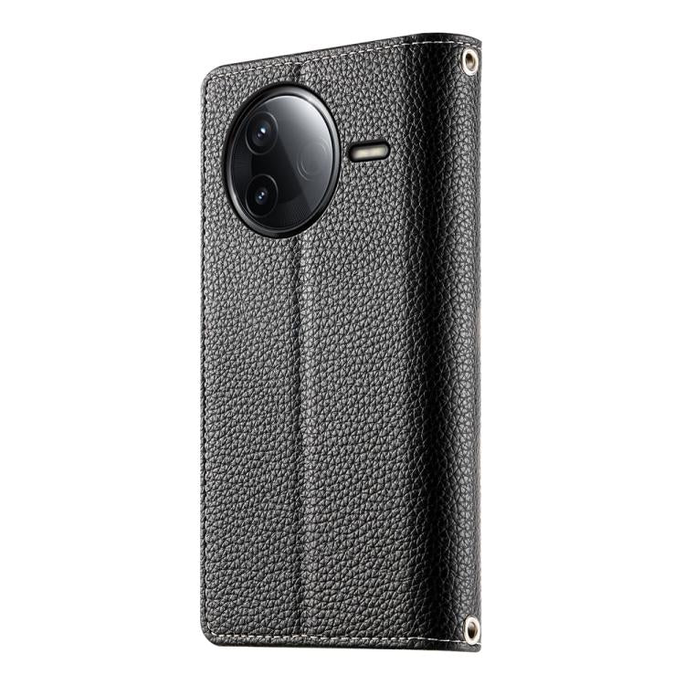 Funda de cuero con cremallera y múltiples tarjetas para Redmi K80 / K80 Pro / Poco F7 Pro, con costuras y correa corta (negra)