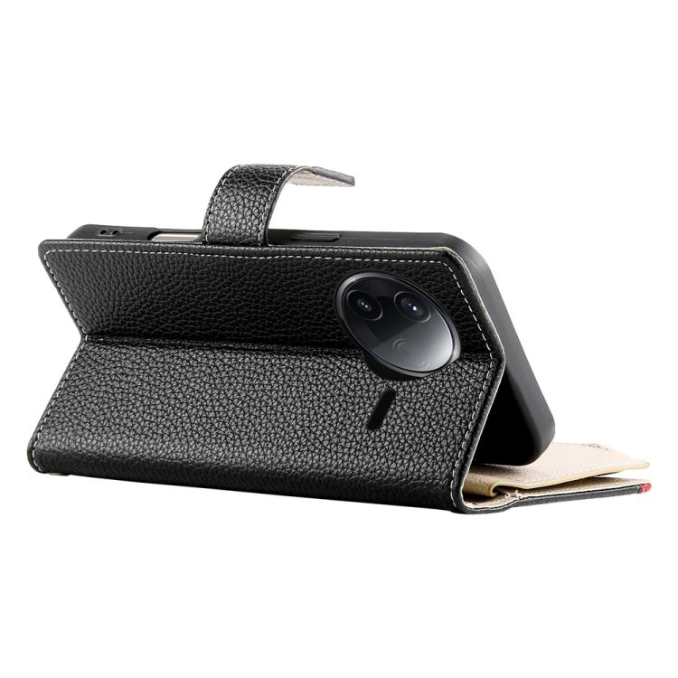 Funda de cuero con cremallera y múltiples tarjetas para Redmi K80 / K80 Pro / Poco F7 Pro, con costuras y correa corta (negra)