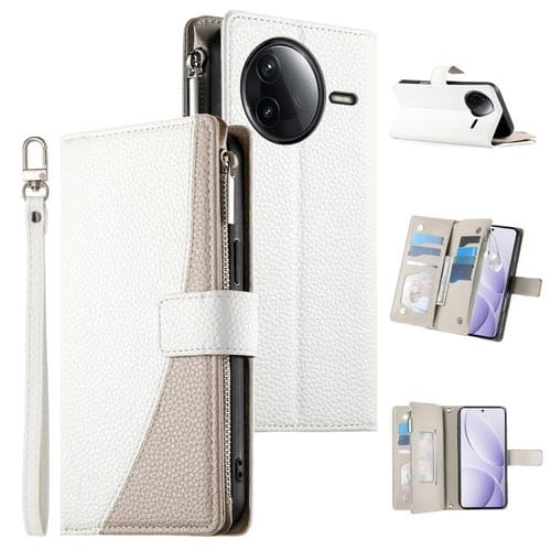 Funda de cuero con cremallera y múltiples tarjetas para Redmi K80 / K80 Pro / Poco F7 Pro, con costuras y correa corta (blanca)