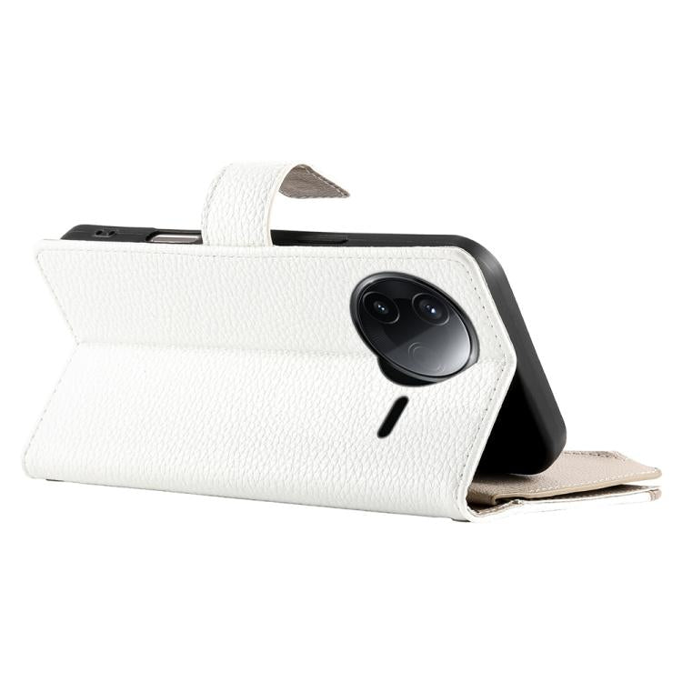 Funda de cuero con cremallera y múltiples tarjetas para Redmi K80 / K80 Pro / Poco F7 Pro, con costuras y correa corta (blanca)