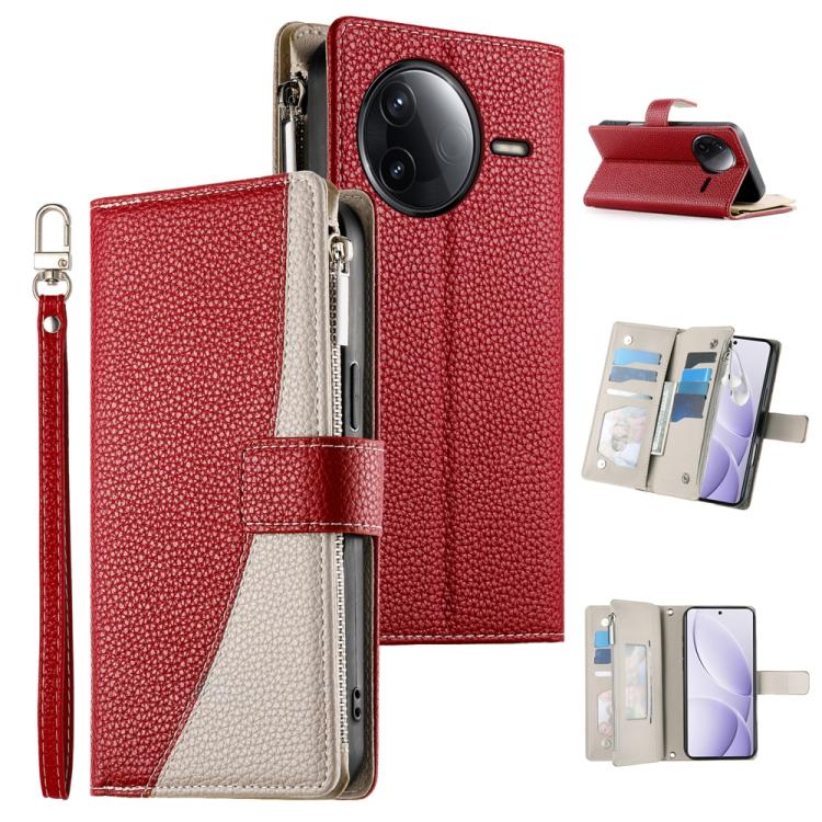Funda de cuero con cremallera y múltiples tarjetas para Redmi K80 / K80 Pro / Poco F7 Pro, con costuras y correa corta (roja)