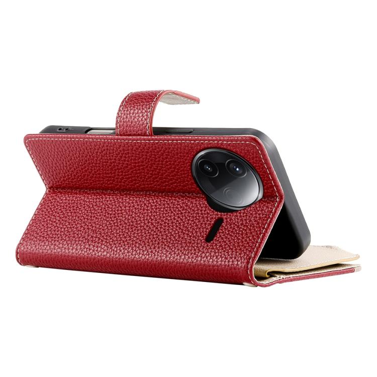 Funda de cuero con cremallera y múltiples tarjetas para Redmi K80 / K80 Pro / Poco F7 Pro, con costuras y correa corta (roja)