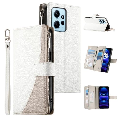 Funda de cuero con cremallera para Redmi Note 12 4G Global / Note 12R Pro, con costuras, para múltiples tarjetas y correa corta (blanca)