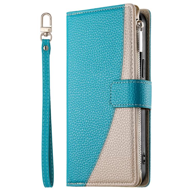 Funda de cuero con cremallera para Redmi Note 12 5G Global / Xiaomi Poco X5, con costuras, para múltiples tarjetas y correa corta (azul)