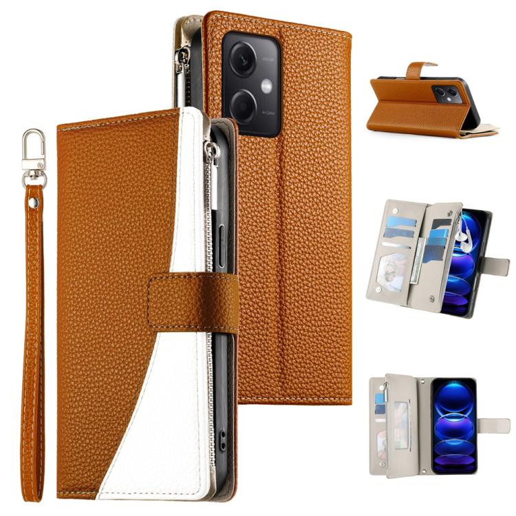 Funda de cuero con cremallera para Redmi Note 12 5G Global / Xiaomi Poco X5, con costuras, para múltiples tarjetas y correa corta (marrón)